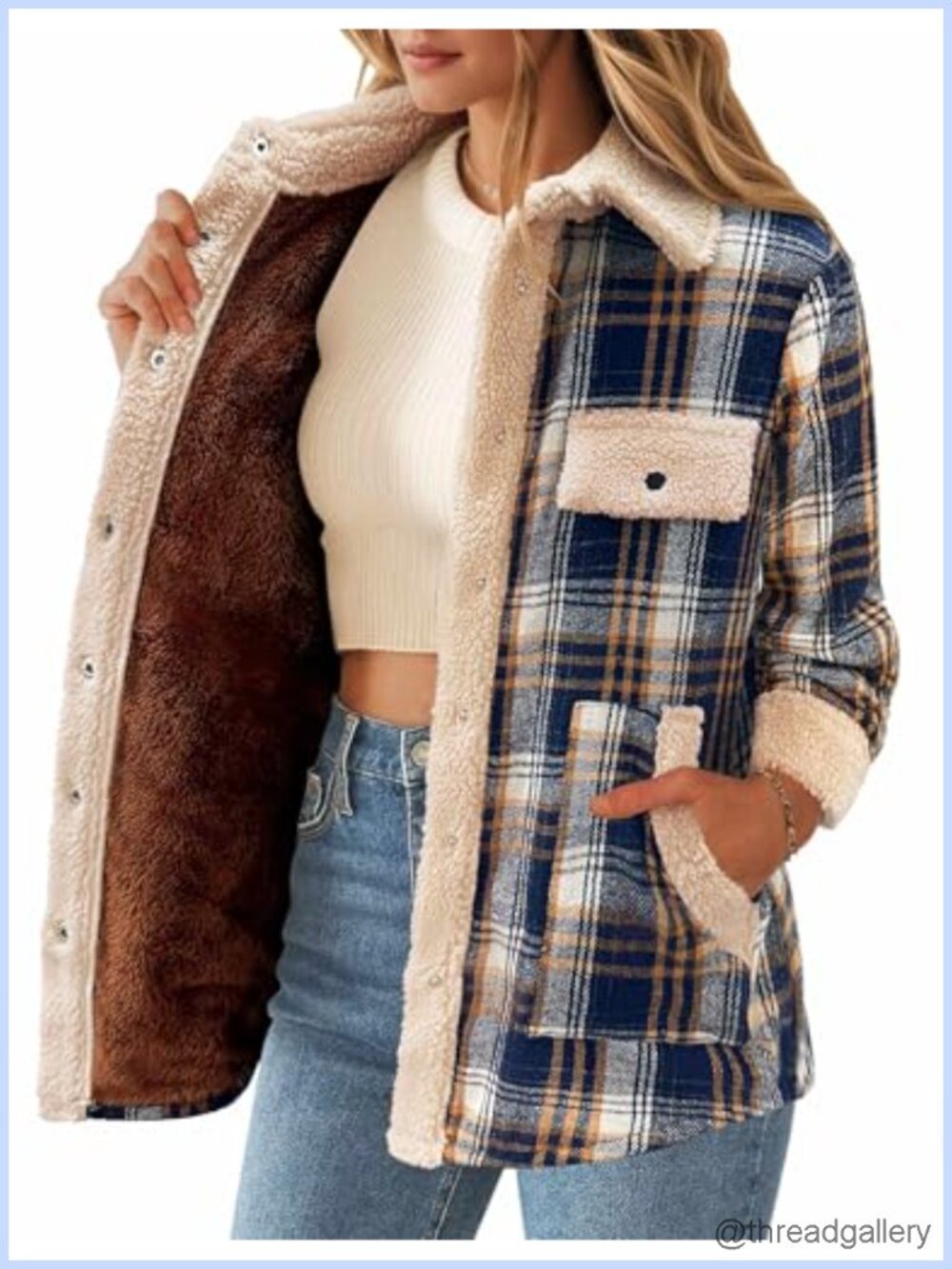 Fleece Lined Plaid Flannel Shacket Snap Button Sherpa Jacket